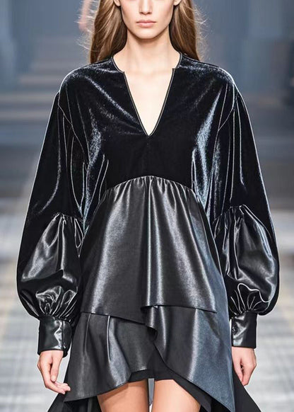 French Black Asymmetrical Pu Patchwork Faux Leather Long Tops Fall