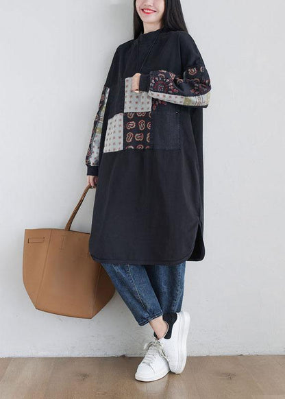 Stylish Black Turtleneck Print Loose Fall Sweatshirts Dress