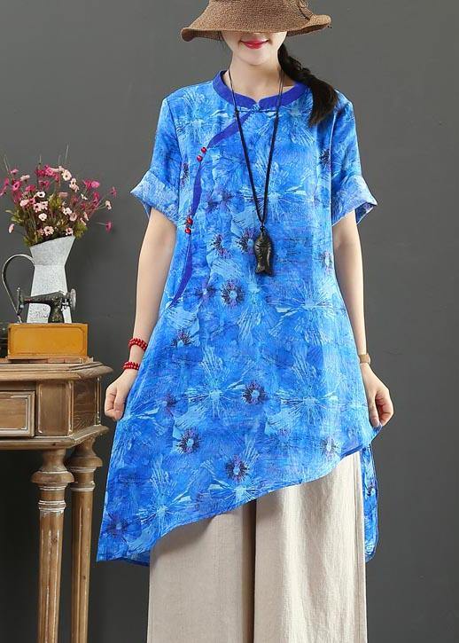 Purple Print Linen Asymmetrical Design Shirt Summer