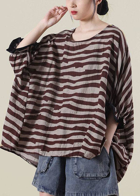 Black Loose O-neck Ruffled Fall Striped Shirt Top Half Sleeve