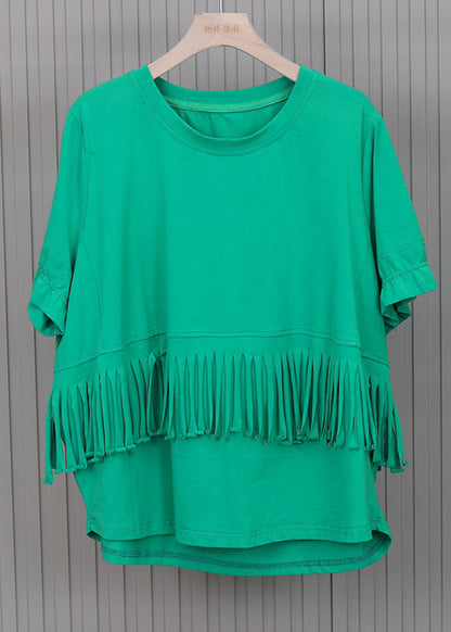 Green O-neck Patchwork Cotton Tank Tops Short Sleeve