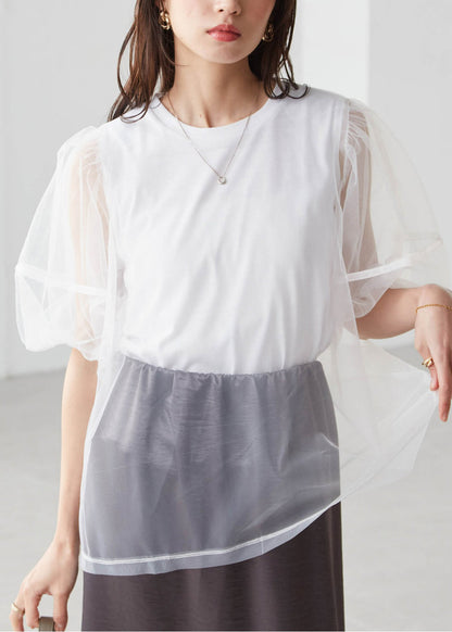 Classy Black Puff Sleeve Patchwork Tulle Tank Tops