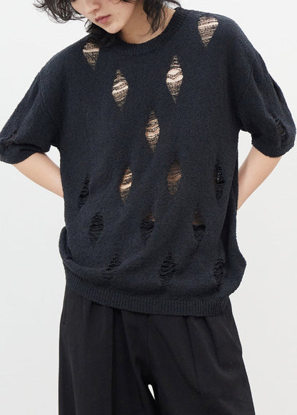 Black Hollow Out Hole Ice Silk Knit Top Half Sleeve