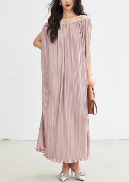 Pink Slash Neck Wrinkled Cotton Long Dresses Summer
