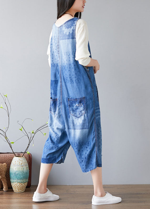 Handmade Light Blue Pockets V Neck Print Jumpsuit Spring