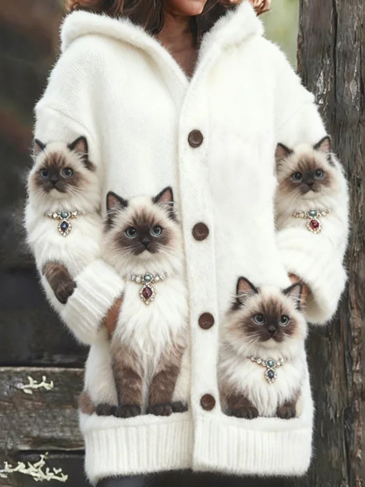 Comstylish Cat Wearing Pearl Necklace Thick Hooded Cardigan Long Sweater