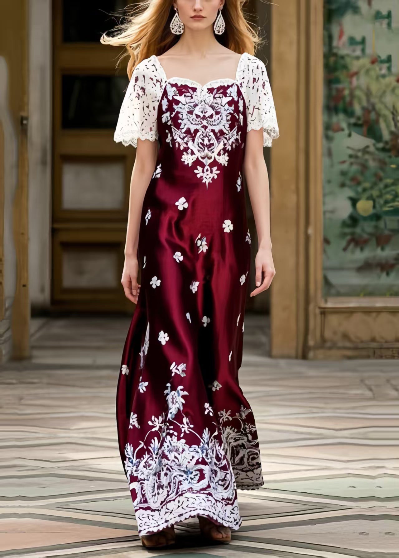 Fine Mulberry Square Collar Patchwork Print Silk Ankle Dress Summer