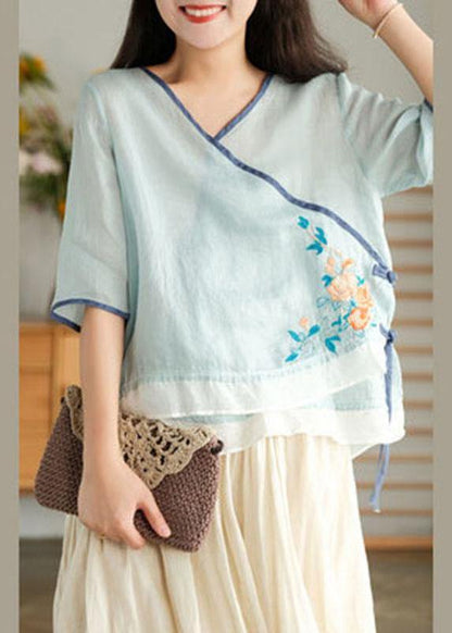 Style Yellow Embroideried Asymmetrical Design Ramie Summer Blouses