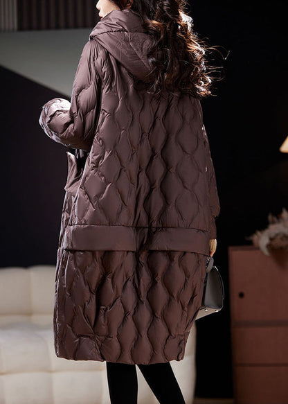 Loose Coffee Hooded Pockets Duck Down Coat Winter