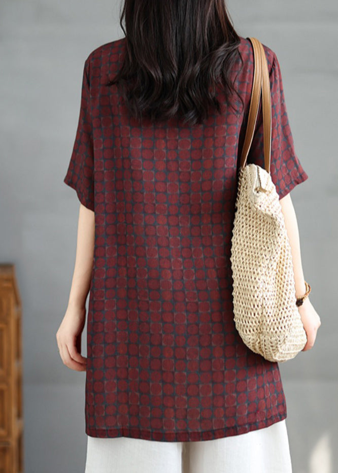 Red Stand Collar Print Side Open Cotton Dress Summer