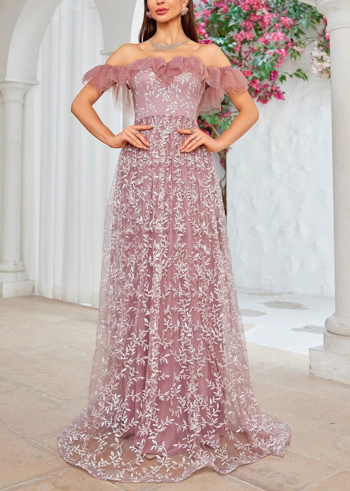 Slash Neck Embroidery High Waist Tulle Maxi Dresses Summer