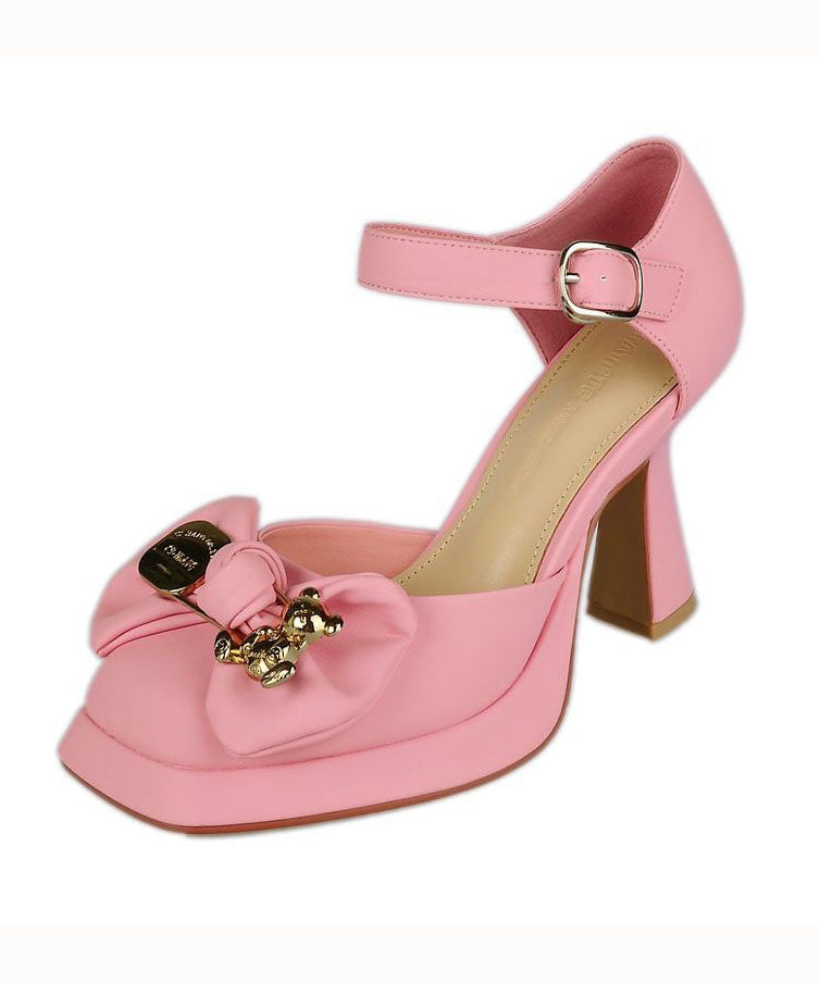 Bow Splicing Buckle Strap High Heels Pink Faux Leather