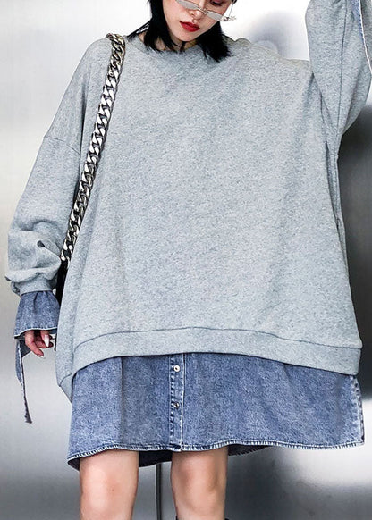 Grey Patchwork Denim Button Fall Sweatshirts Top