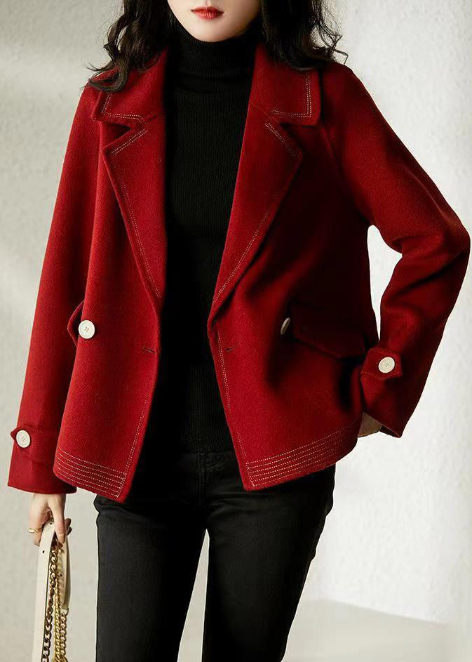Wine Red Peter Pan Collar Button Patchwork Woolen Coats Fall