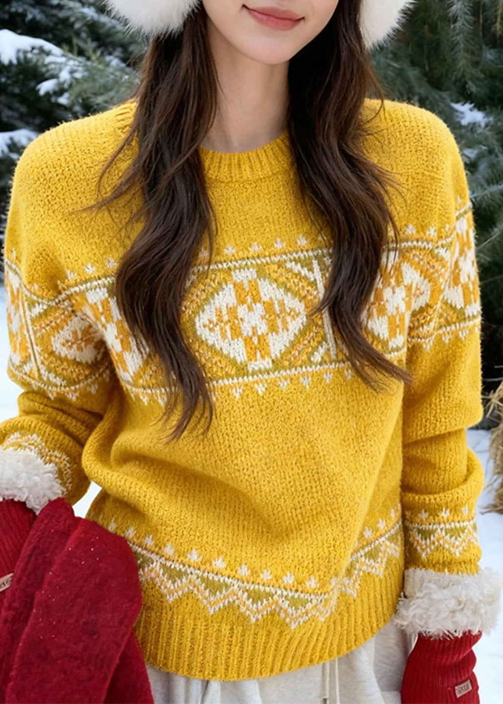 Yellow Cozy Thick Print Cotton Knit Sweaters Fall