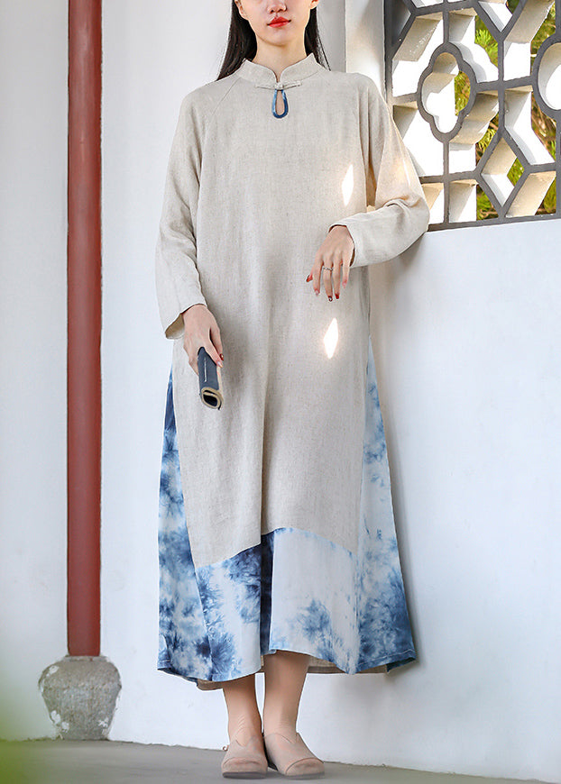 Tie Dye Stand Collar Pockets Cotton Long Dresses Fall