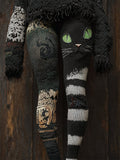 Comstylish Vintage Halloween Black Cat Striped Cozy Knit Leggings