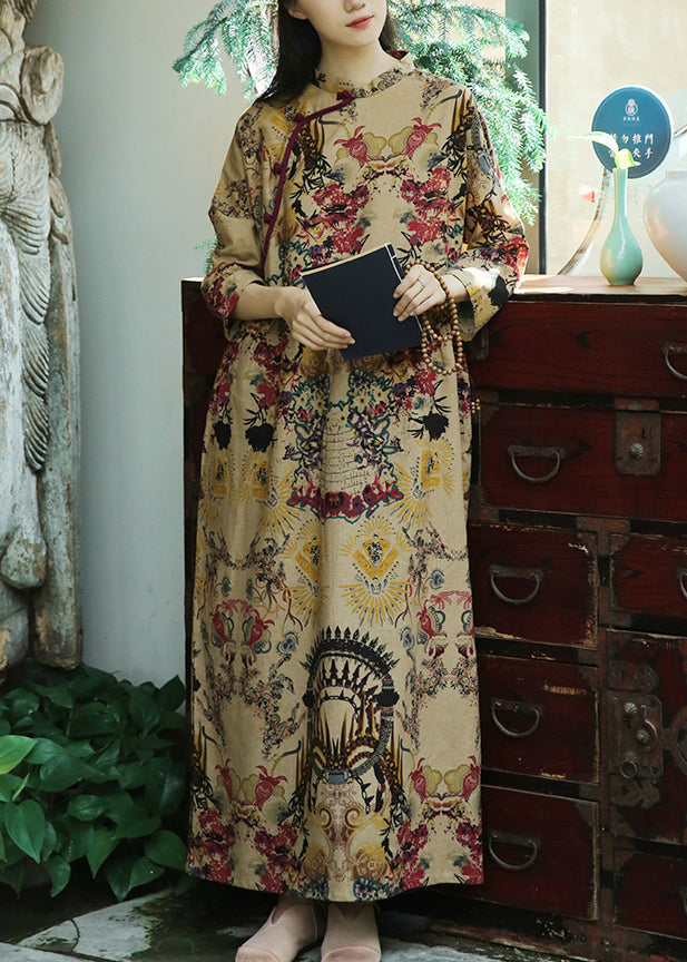 Khaki Button Print Patchwork Cotton Long Dresses Fall