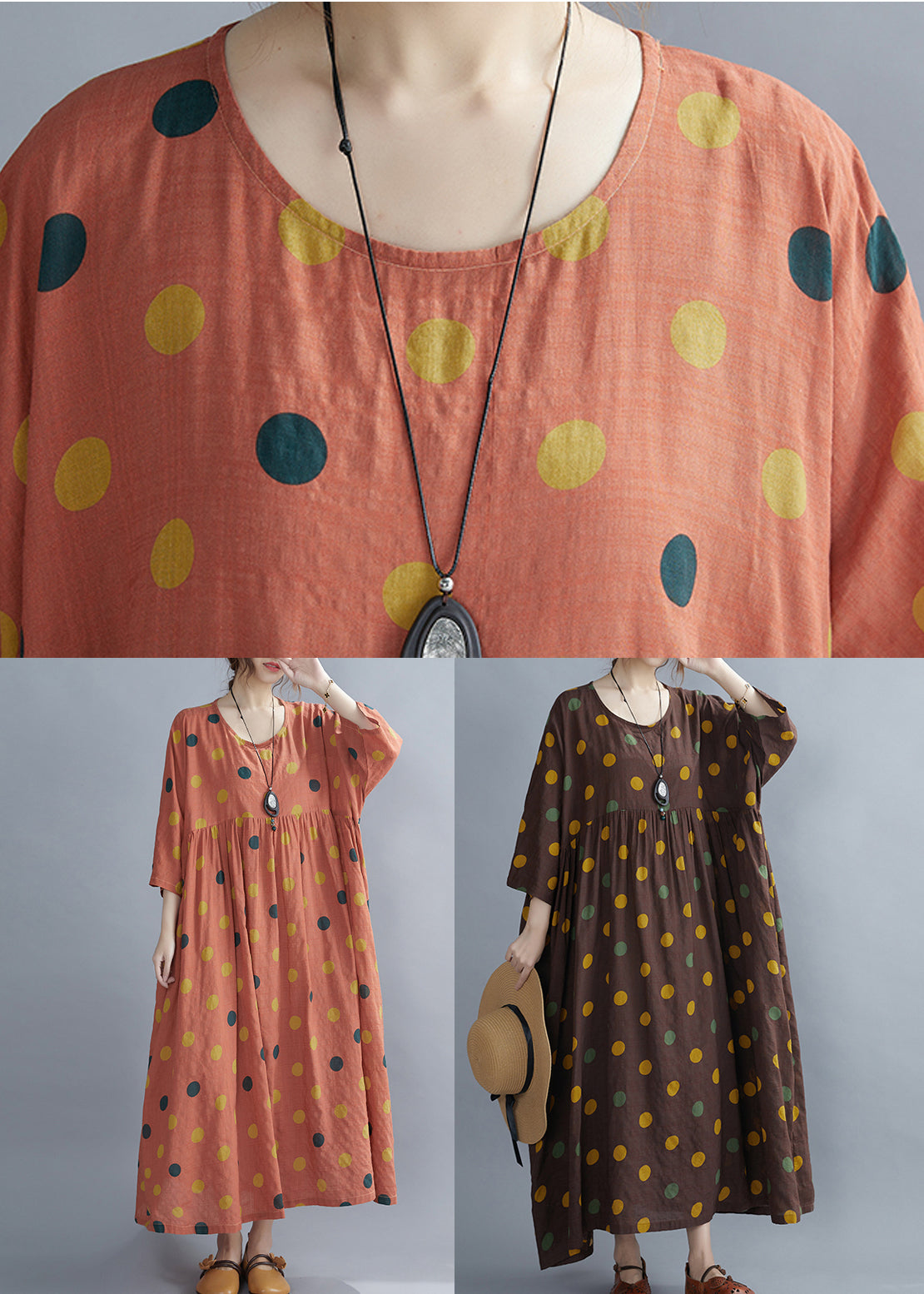 Coffee O-neck Dot Print Party Long Dress Spring