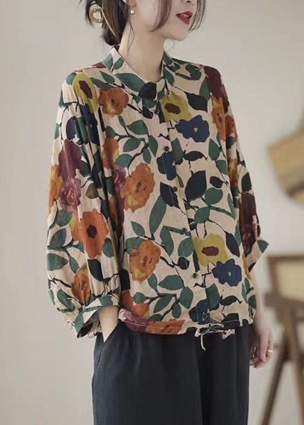 Apricot Stand Collar Print Cotton Shirts Long Sleeve