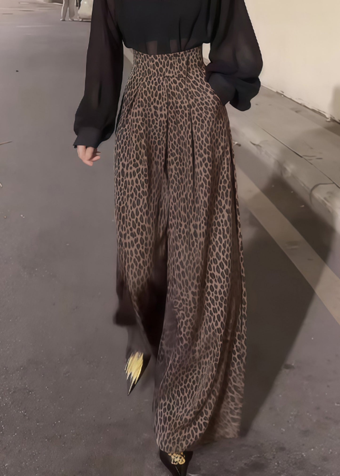 Leopard Pockets High Waist Cotton Wide Leg Pants Fall