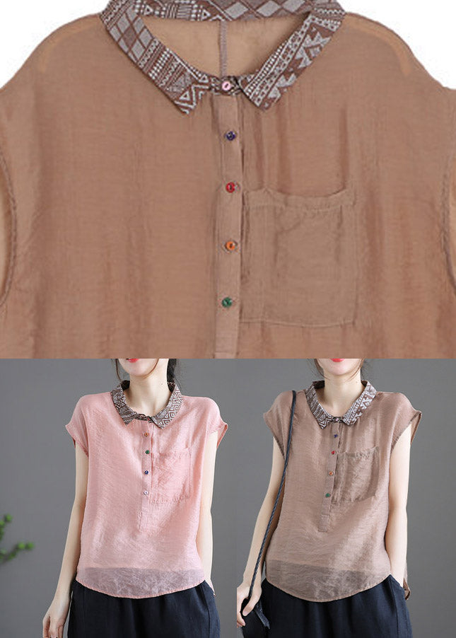 Pink Peter Pan Collar Patchwork Button Linen Short Sleeve