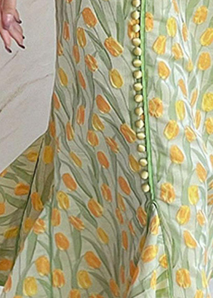 Yellow Green Embroidered Button Silk Maxi Dresses Spring