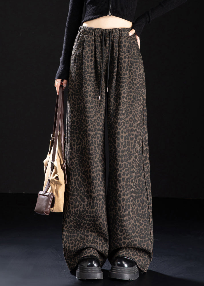 New Coffee Leopard Pockets Print Warm Fleece Denim Pants Spring