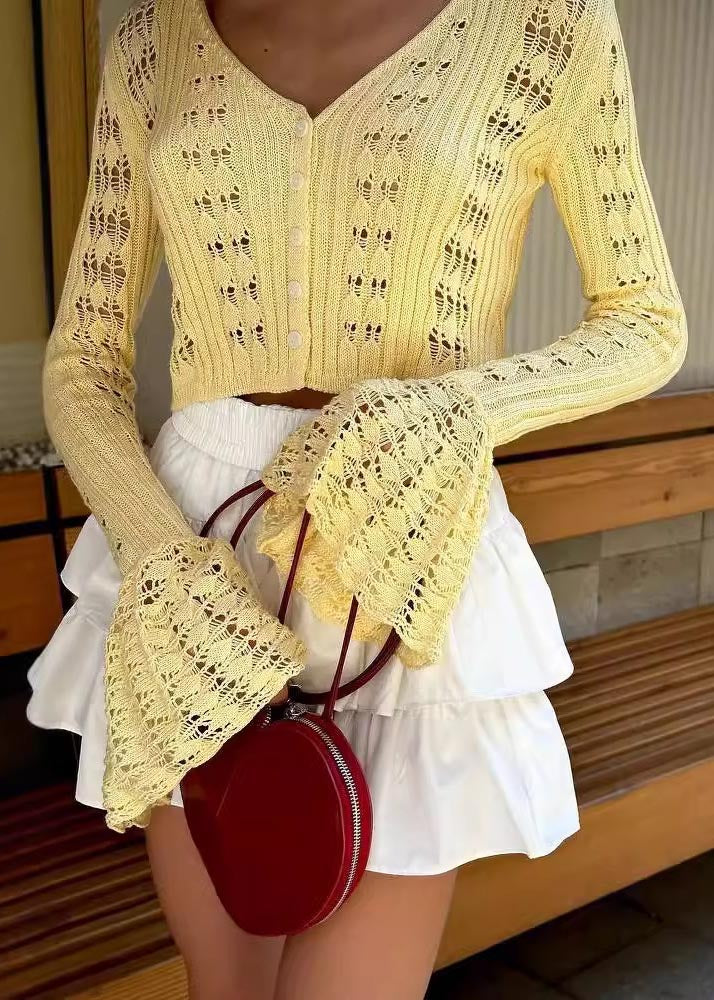 White Hollow Out Knit Shirts Flare Sleeve