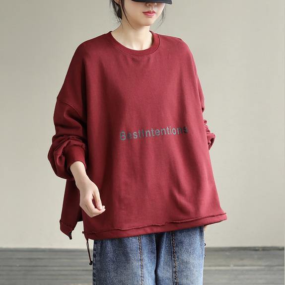 Style Red Alphabet Prints Cotton Blouse Drawstring Baggy Spring Blouses