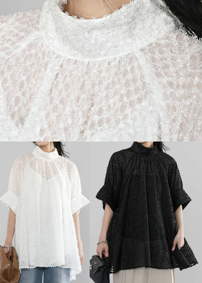 Handmade Black Stand Collar Tulle Sheer Shirt Half Sleeve
