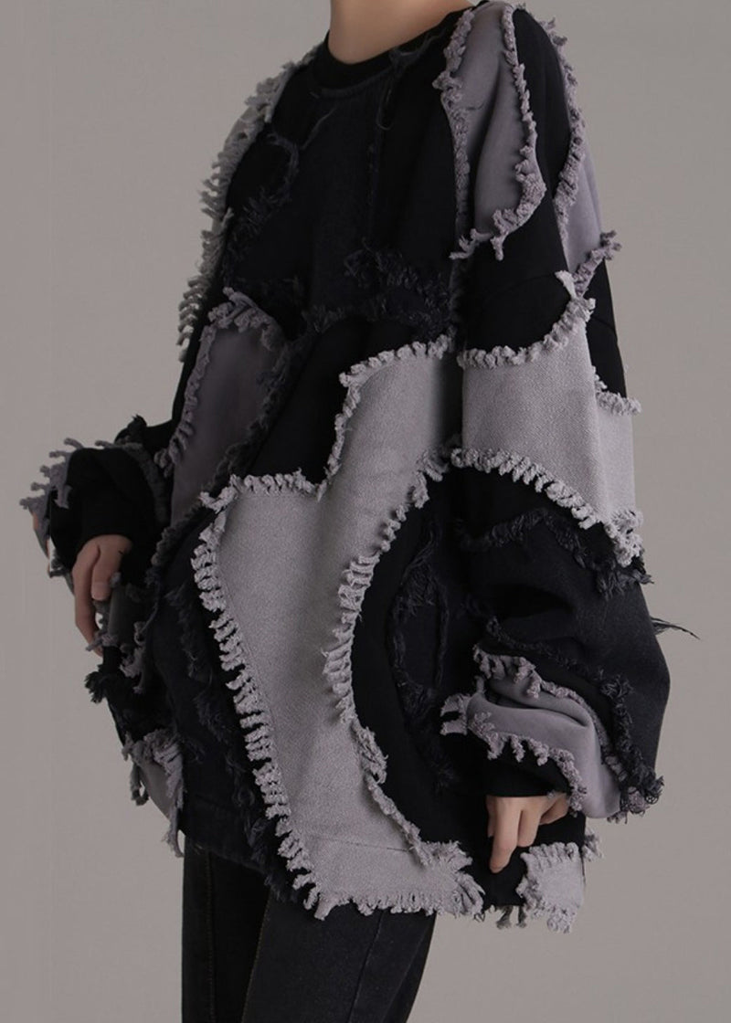 Black O-neck Patchwork Cotton Sweatshirts Long Sleeve