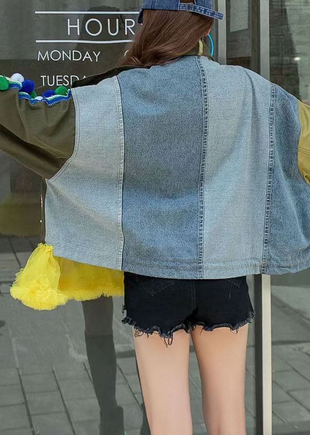 Army Green Stand Collar Button Print Patchwork Fall Denim Coat Long Sleeve