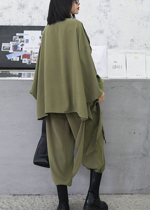 Style Army Green Asymmetrical Design Ruffled Pockets Wide Leg Fall 2 Piece Outfit