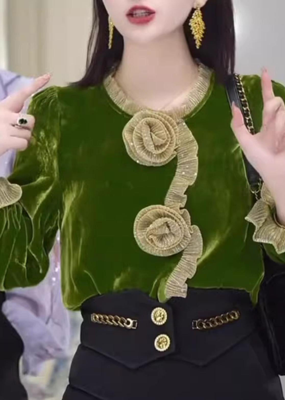 Vogue Green O-neck Silk Velour Shirt Flare Sleeve