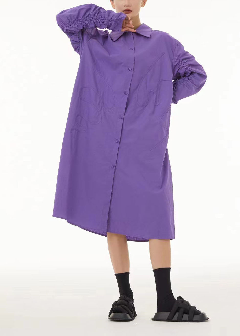 Purple Peter Pan Collar Wrinkled Cotton Long Dress Spring