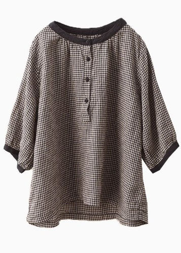 Brown Plaid Linen Top Oversized Half Sleeve Fall
