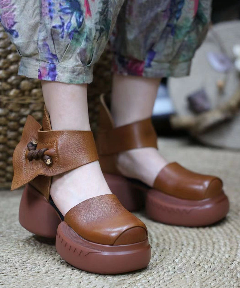 Splicing Platform Sandals Brown Cowhide Leather Buckle Strap