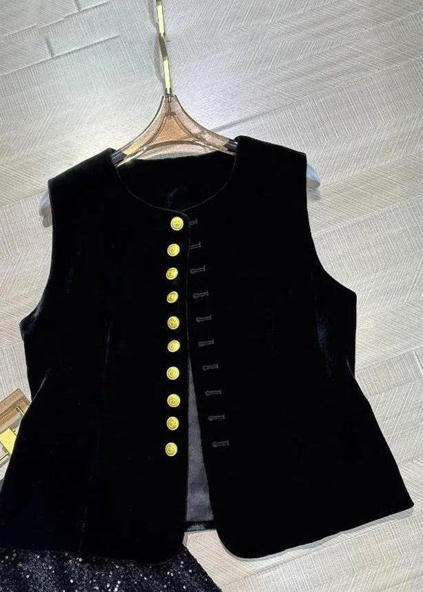 Black O-neck Button Silk Velour Waistcoat Sleeveless