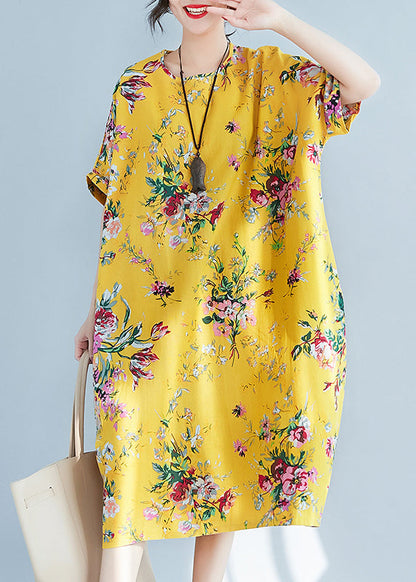 Yellow O-neck Print Cotton Holiday Dress Summer