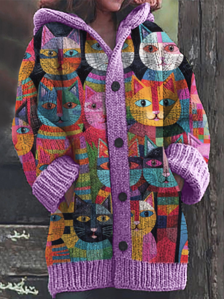 Colorful Cats Pattern Cozy Hooded Cardigan elevenforest
