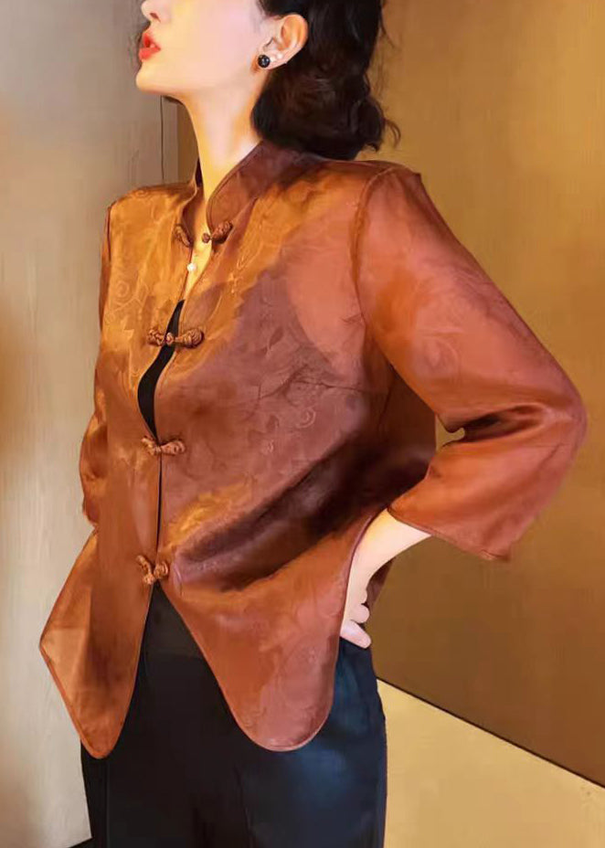 Brown Stand Collar Button Print Silk Blouses Summer