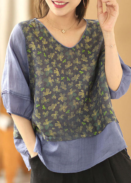 Purple V Neck Print Patchwork Linen Fake Two Piece Top Bracelet Sleeve