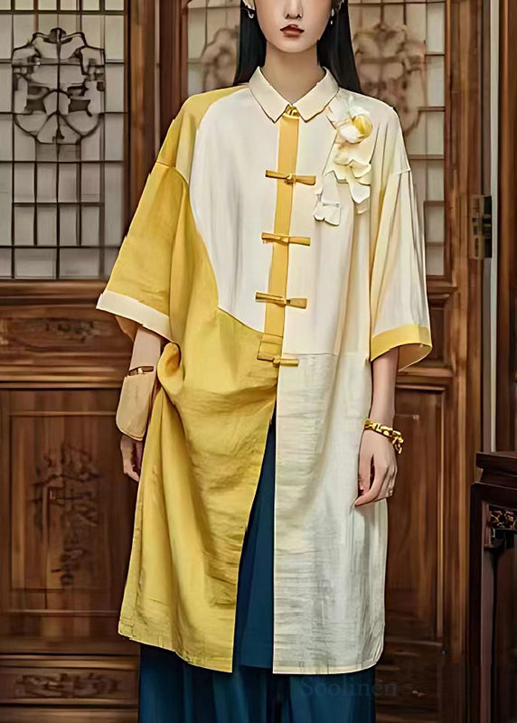 Light Yellow Chinese Button Patchwork Linen Dresses Summer