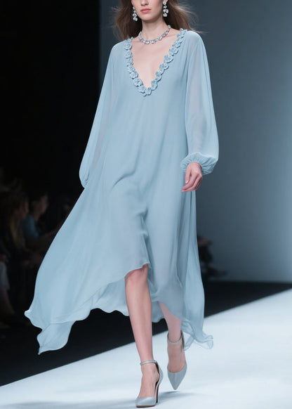 Blue V Neck Chiffon Long Dresses