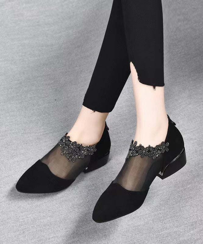 Black Suede Tulle Splicing Zircon High Heels Boots