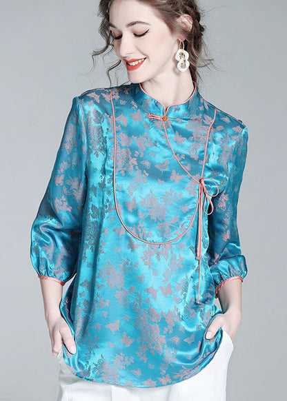 Blue Stand Collar Patchwork Jacquard Silk Blouse Tops Spring