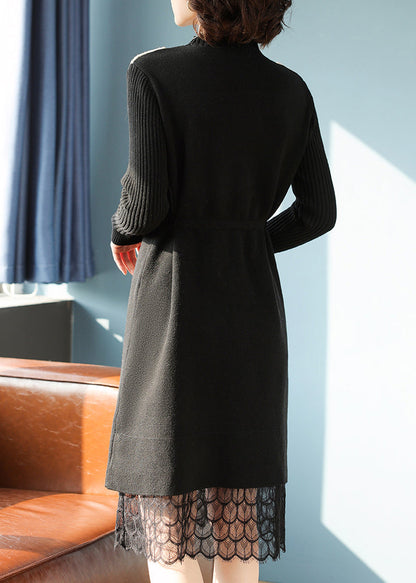 Slim Fit Black Stand Collar Lack Patchwork Llong Cotton Knit Sweater Dress Fall