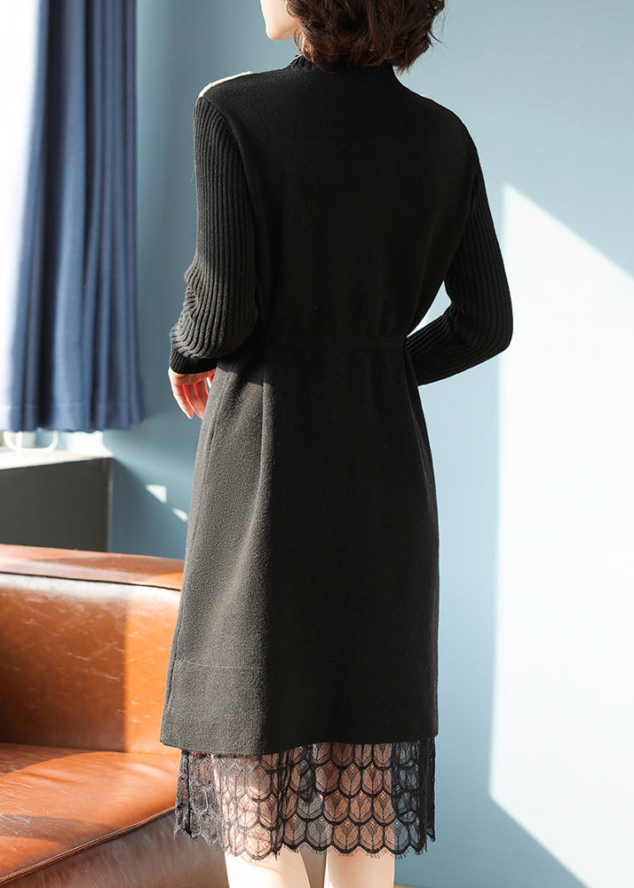 Slim Fit Black Stand Collar Lack Patchwork Llong Cotton Knit Sweater Dress Fall