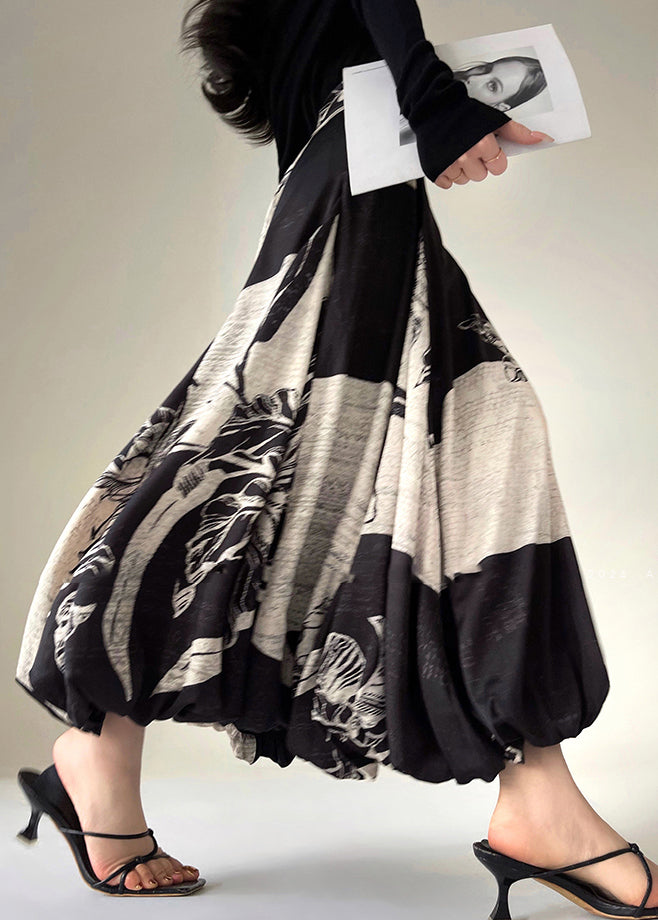 Italian Black Print High Waist Cotton Maxi Skirt Fall